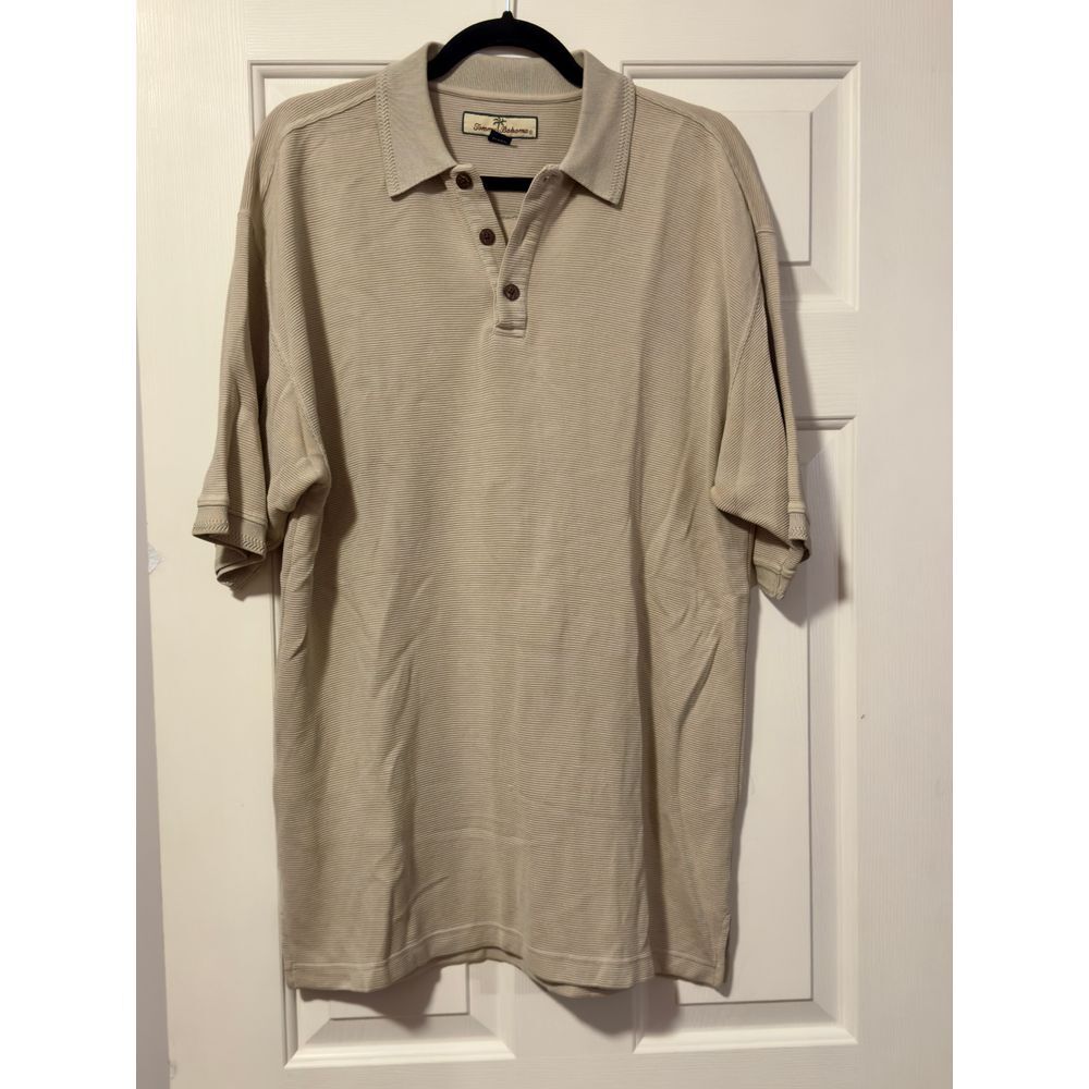 Tommy Bahama Classic Beige Striped Polo Shirt Casual Cotton Golf Resort Wear